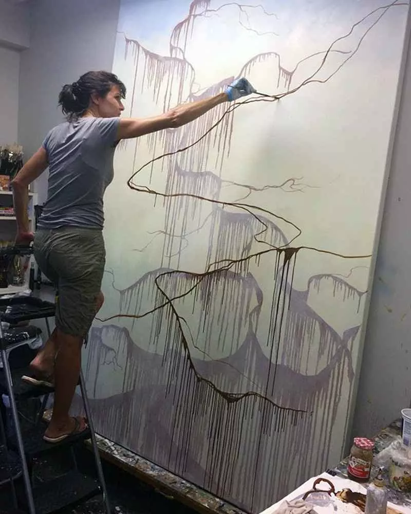 Tania Dibbs painting Rise and Fall in progress in her studio