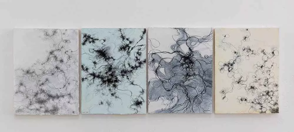 Four in a Row, 12″ x 9″ each, mixed media by Tania Dibbs