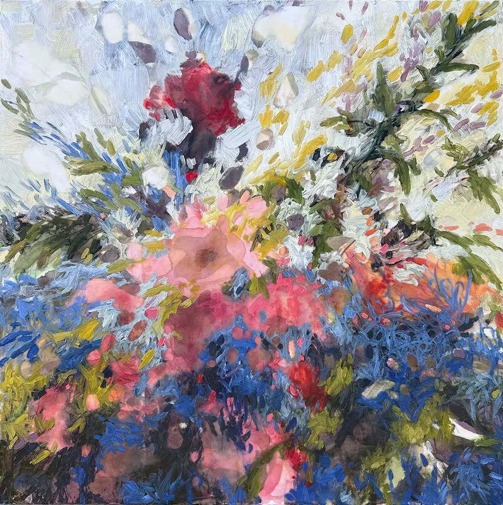 Chloris, 36″ x 36″ oil and encaustic mixed media by Tania Dibbs
