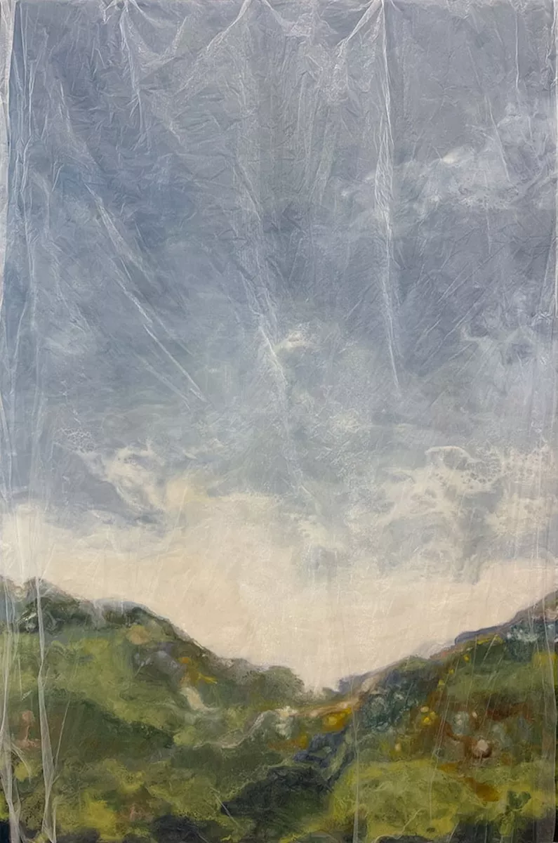 Underneath It All, 69″ x 48″ encaustic and fabric by Tania Dibbs