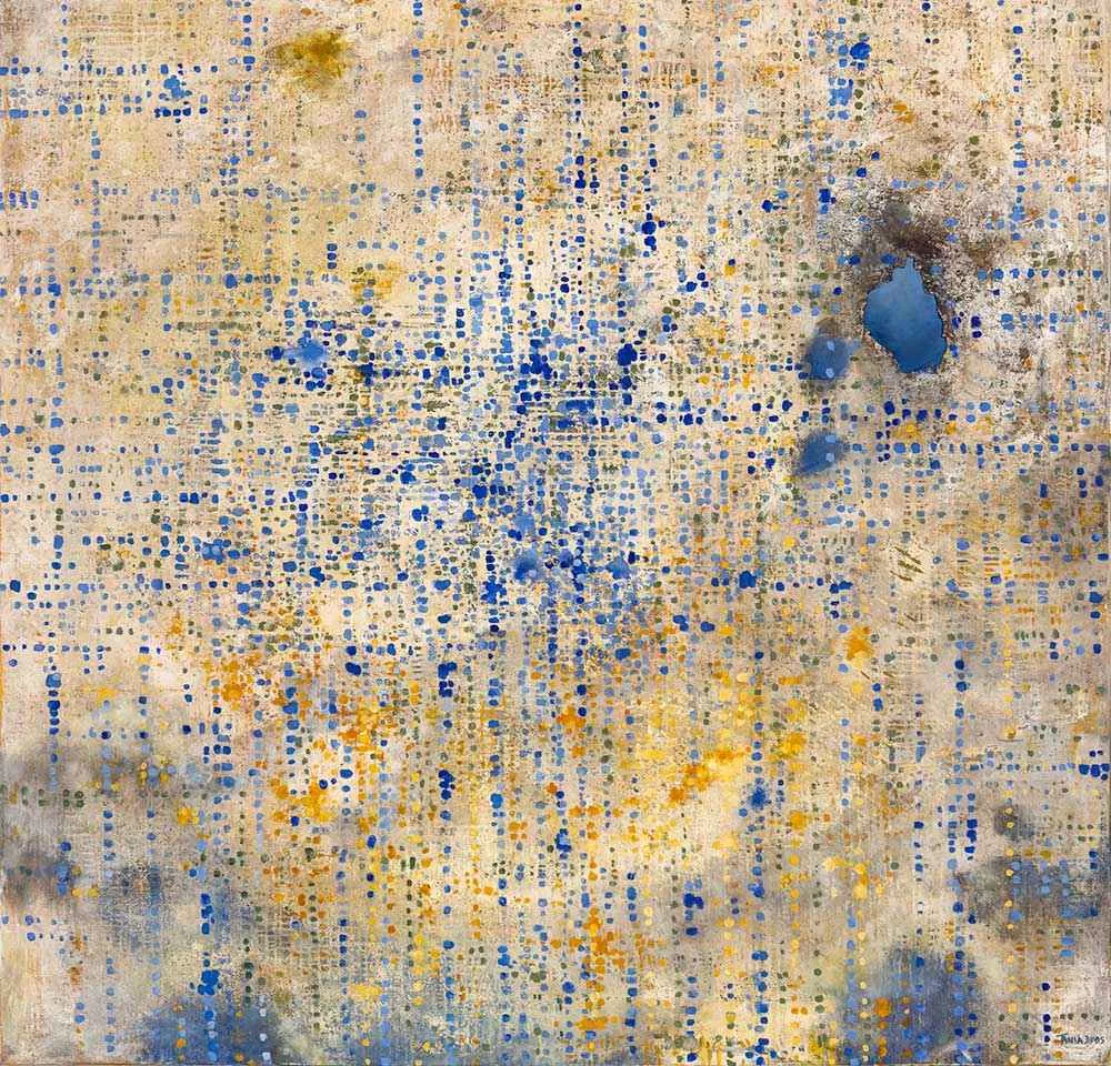 Artifact, 60″ x 60″ mixed media on canvas by Tania Dibbs