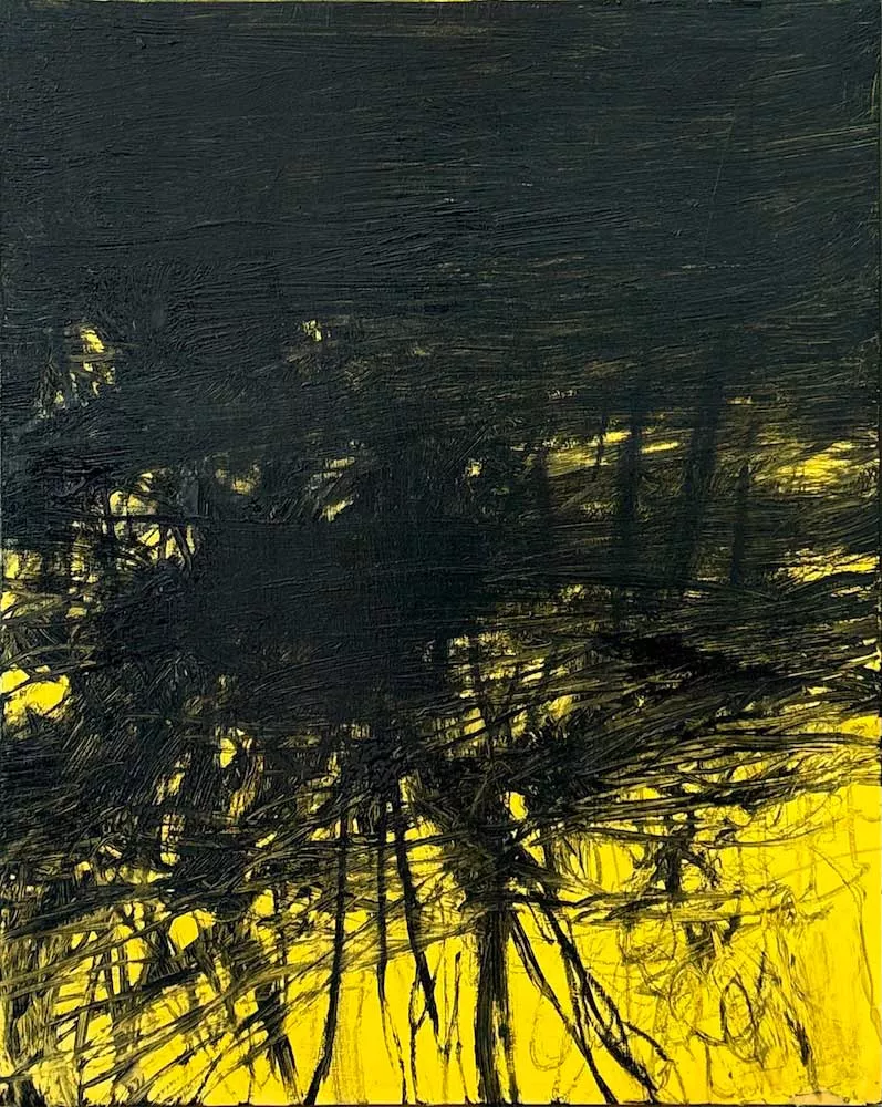 Black and yellow abstract painting, Synthesis series by Tania Dibbs