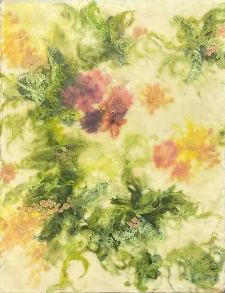 Blooms in Wax, 20″ x 16″ encaustic by Tania Dibbs