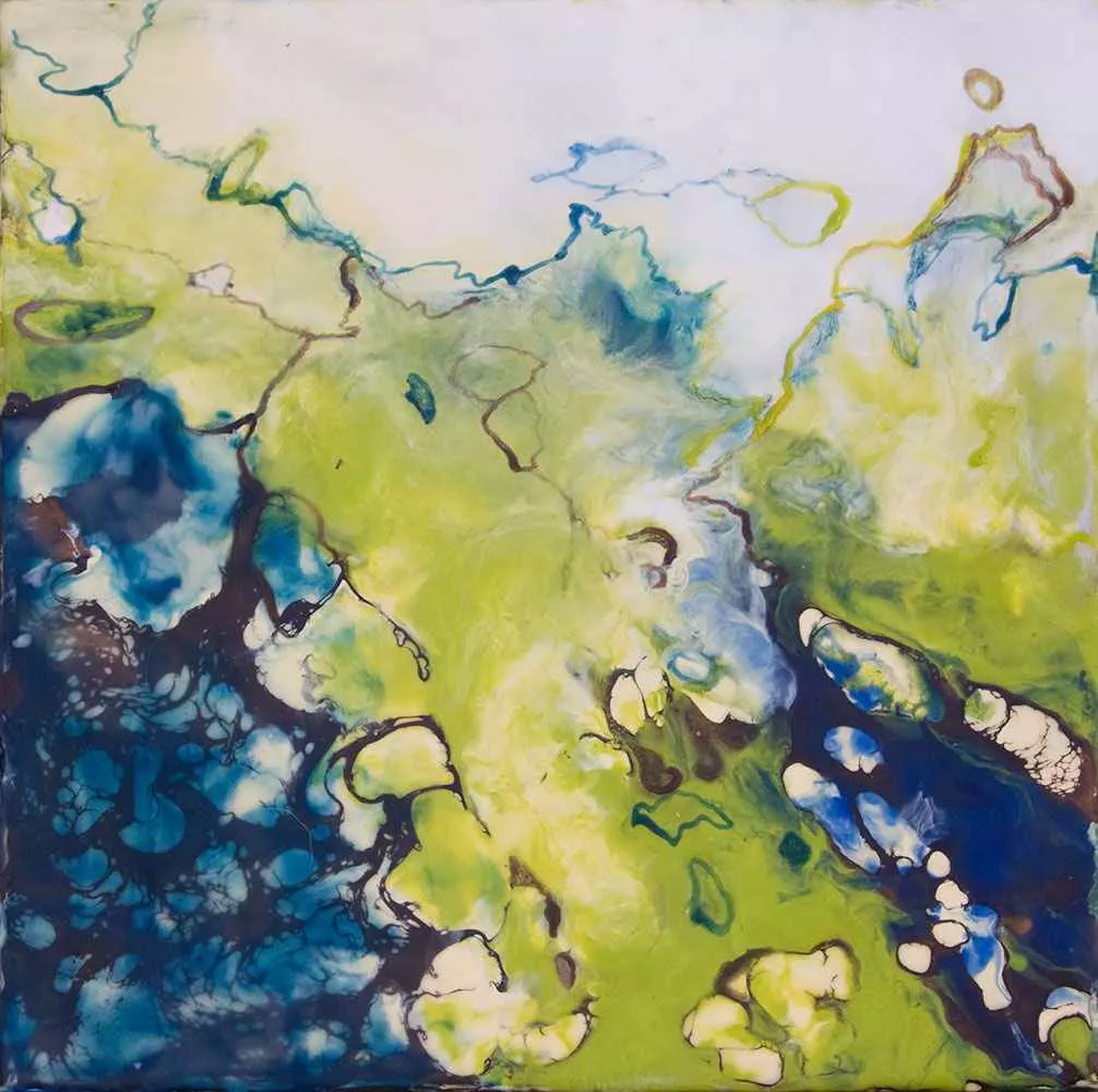 Blue Planet 2, 12″ x 12″, encaustic by Tania Dibbs