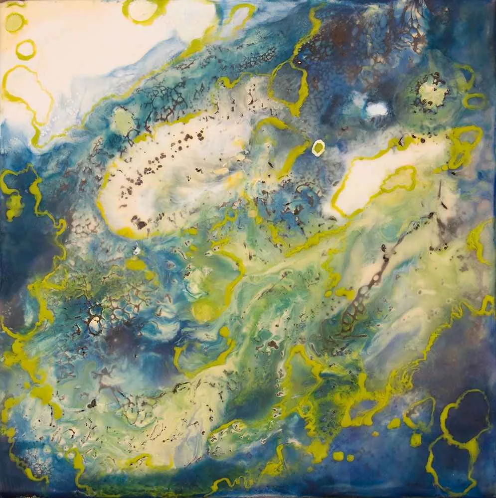 Blue Planet, 12″ x 12″, encaustic by Tania Dibbs