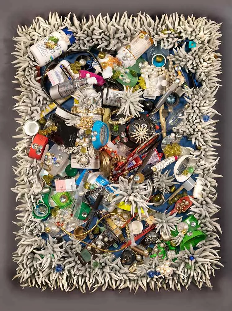 Current State, 25 x 19 x 7 in, found objects, resin, beads by Tania Dibbs