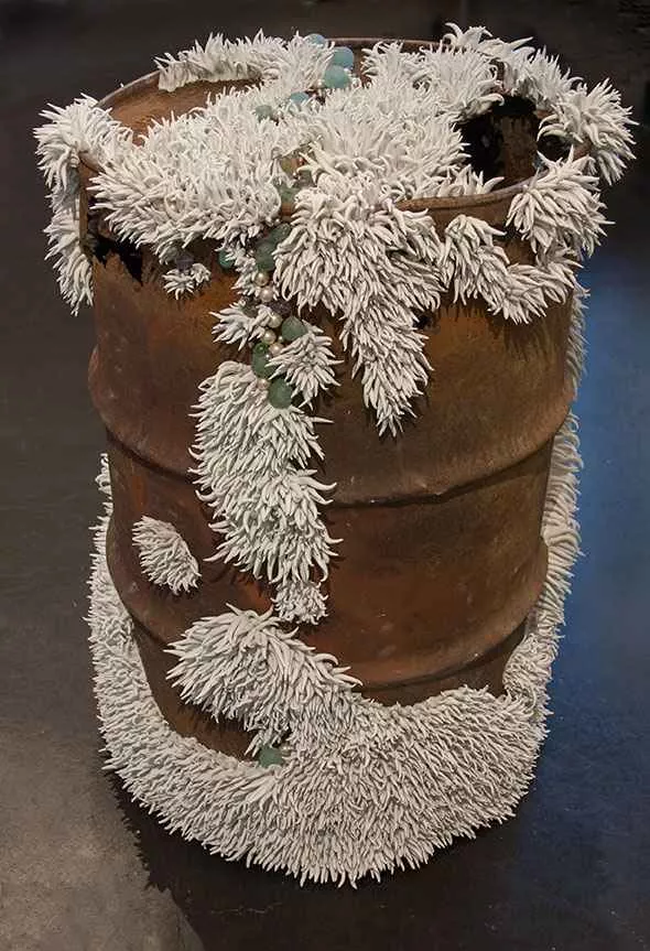 Drum, 36″ x 26″, drum, resin, glass by Tania Dibbs