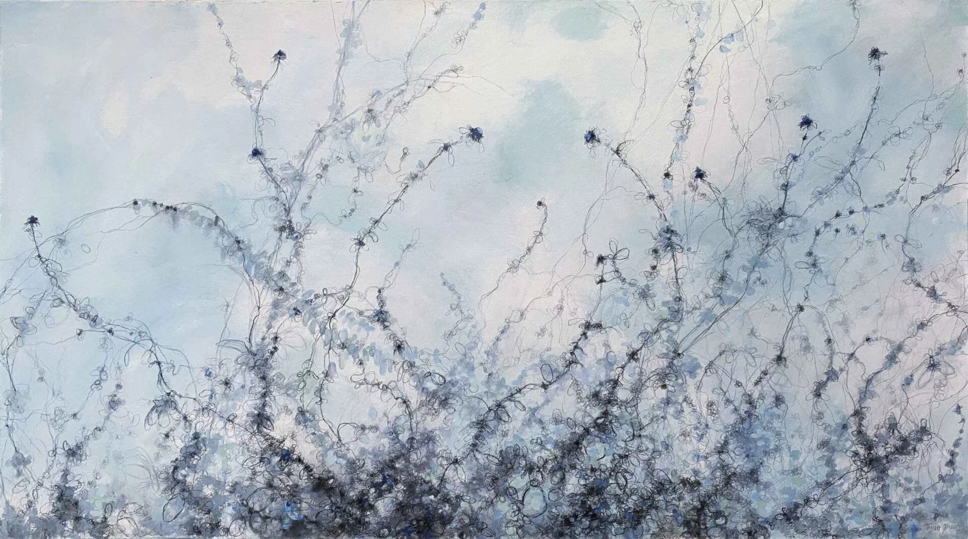 Flowers In Blue, 32in x 57in, mixed media on panel by Tania Dibbs