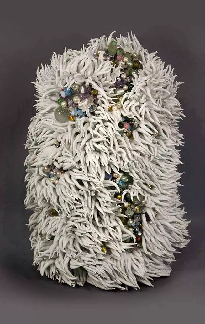 I Want More, 19″ x 12″ x 12″, resin, glass, beads, pearls by Tania Dibbs
