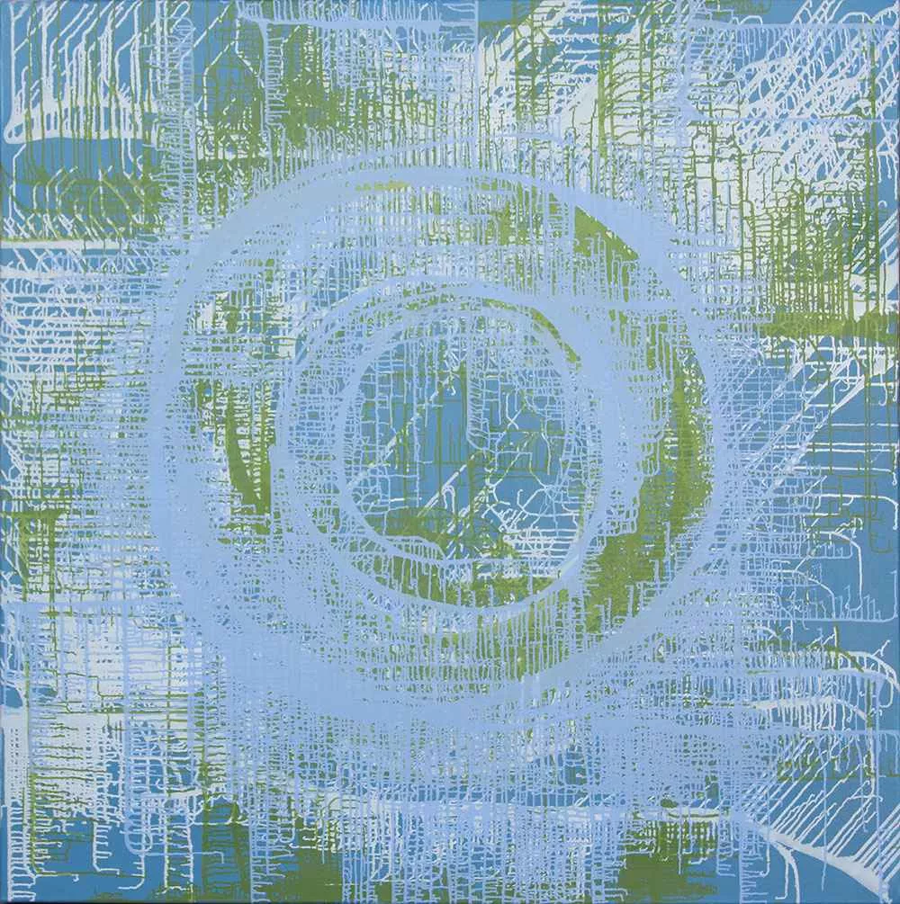 Microchipped Planet, 60″ x 60″, oil by Tania Dibbs