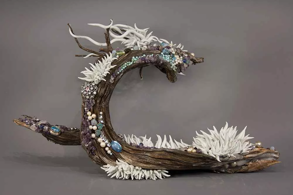 Shifting Tide, wood, resin, beads, 14″ x 11″ x 6″, by Tania Dibbs
