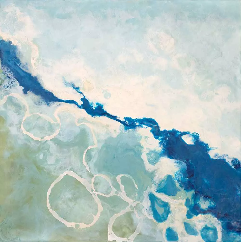 Wave of Blue, 30″ x 30″ encaustic by Tania Dibbs